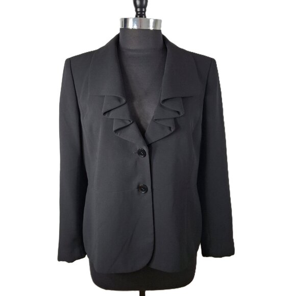 Jones Studio Ruffle Lapel Career Suit Jacket Blazer Sz 12 Matte Black Holiday - Picture 2 of 16